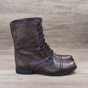 Steve Madden Troopa Women's Size 7.5 Brown Leather Lace Up Zip Boots (2256) NEW